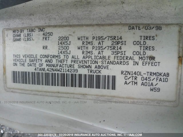 4TANL42N4WZ114239 - 1998 TOYOTA TACOMA 白色 照片 9