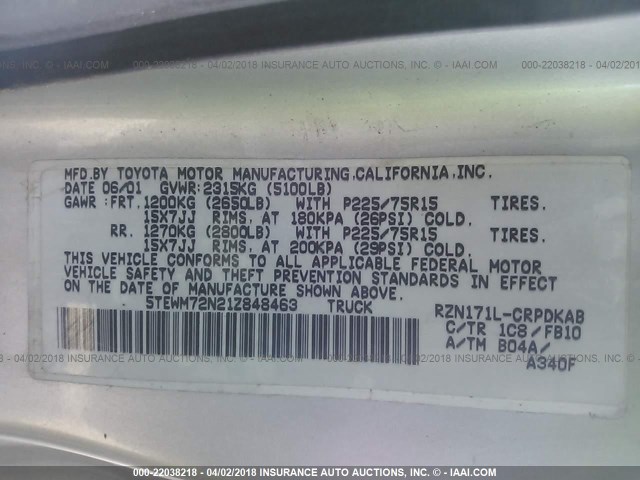 5TEWM72N21Z848463 - 2001 TOYOTA TACOMA XTRACAB SILVER photo 9