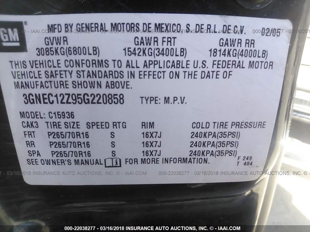 3GNEC12Z95G220858 - 2005 CHEVROLET AVALANCHE C1500 BLUE photo 9