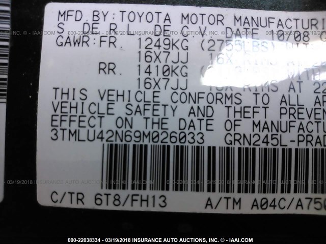 3TMLU42N69M026033 - 2009 TOYOTA TACOMA DOUBLE CAB მწვანე ფოტო 9