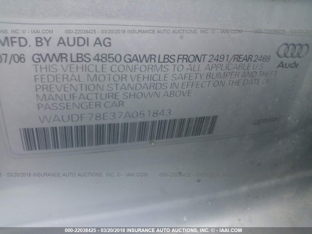 WAUDF78E37A051843 - 2007 AUDI A4 2.0T QUATTRO SILVER photo 9