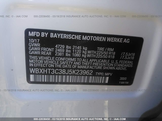 WBXHT3C38J5K23962 - 2018 BMW X1 XDRIVE28I WHITE photo 9