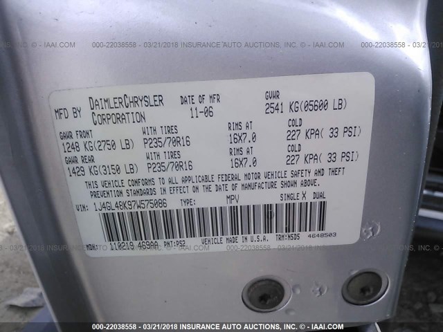 1J4GL48K97W575086 - 2007 JEEP LIBERTY SPORT Gümüş foto 9