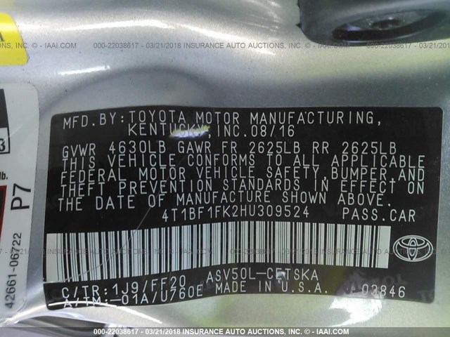 4T1BF1FK2HU309524 - 2017 TOYOTA CAMRY LE/XLE/SE/XSE ვერცხლისფერი ფოტო 9