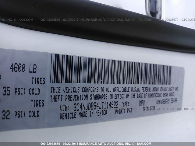 3C4NJDBB4JT114922 - 2018 JEEP COMPASS LATITUDE 白色 照片 9