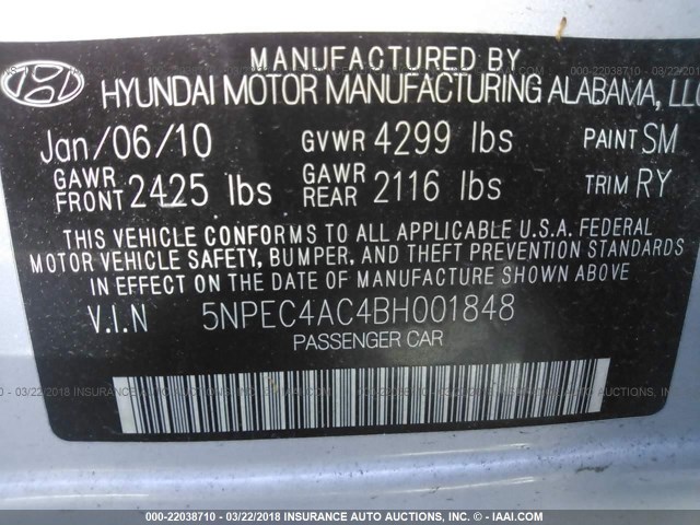 5NPEC4AC4BH001848 - 2011 HYUNDAI SONATA SE/LIMITED SILVER photo 9