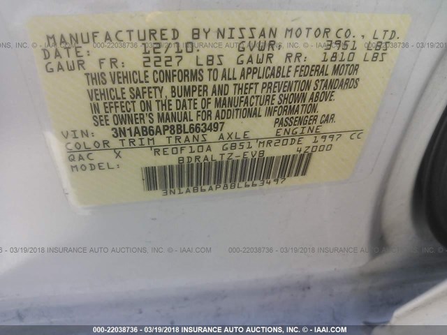 3N1AB6AP8BL663497 - 2011 NISSAN SENTRA 2.0/2.0S/SR/2.0SL WHITE photo 9