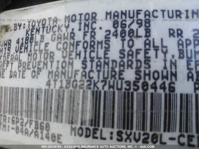 4T1BG22K7WU350446 - 1998 TOYOTA CAMRY CE/LE/XLE 绿色 照片 9