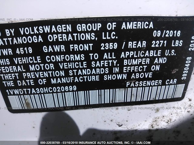 1VWDT7A30HC020699 - 2017 VOLKSWAGEN PASSAT R-LINE Ağ foto 9