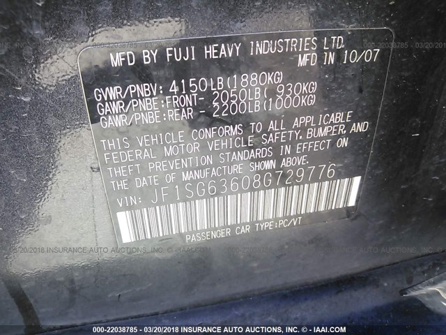 JF1SG63608G729776 - 2008 SUBARU FORESTER 2.5X GRAY photo 9