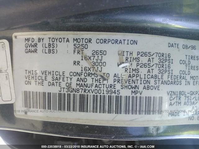 JT3GN87RXV0019945 - 1997 TOYOTA 4RUNNER LIMITED GREEN photo 9