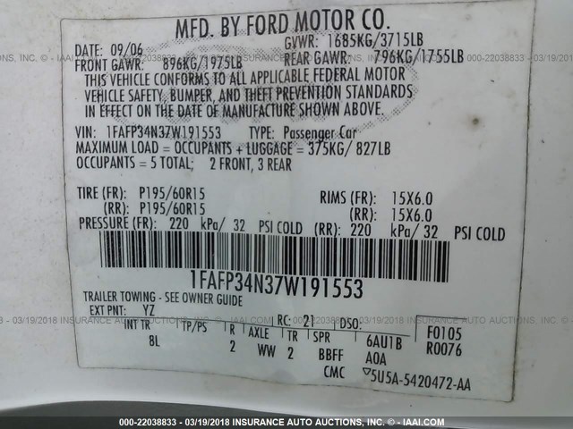 1FAFP34N37W191553 - 2007 FORD FOCUS ZX4/S/SE/SES WHITE photo 9