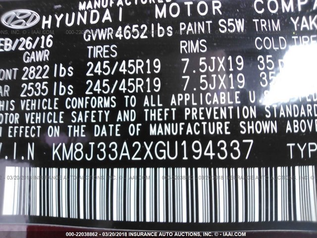 KM8J33A2XGU194337 - 2016 HYUNDAI TUCSON LIMITED/SPORT AND ECO/SE RED photo 9