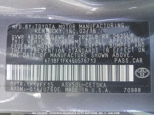 4T1BF1FK4GU576713 - 2016 TOYOTA CAMRY LE/XLE/SE/XSE Gris photo 9