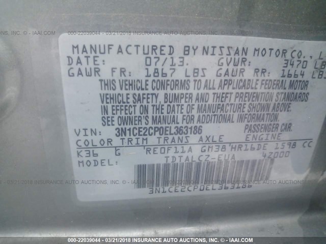 3N1CE2CP0EL363186 - 2014 NISSAN VERSA NOTE S/S PLUS/SV/SL GRAY photo 9