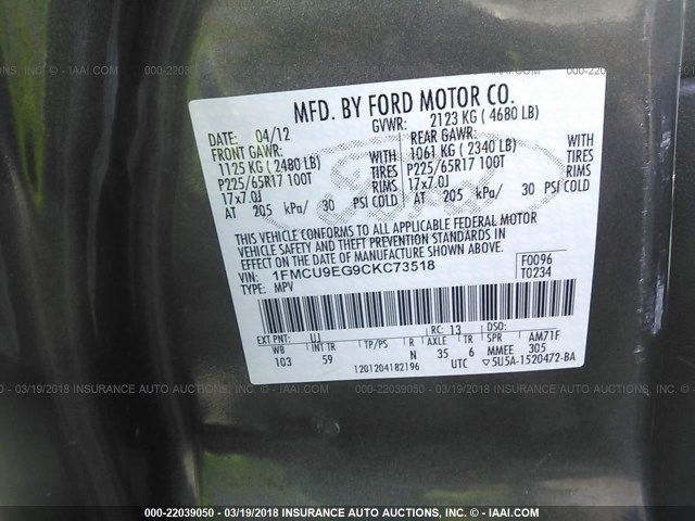 1FMCU9EG9CKC73518 - 2012 FORD ESCAPE LIMITED GRAY photo 9