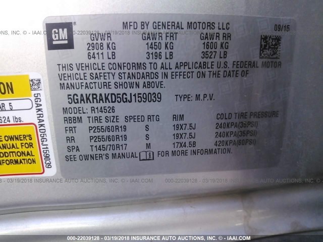 5GAKRAKD5GJ159039 - 2016 BUICK ENCLAVE ვერცხლისფერი ფოტო 9