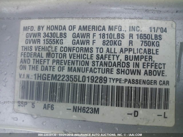 1HGEM22355L019289 - 2005 HONDA CIVIC DX VP SILVER photo 9