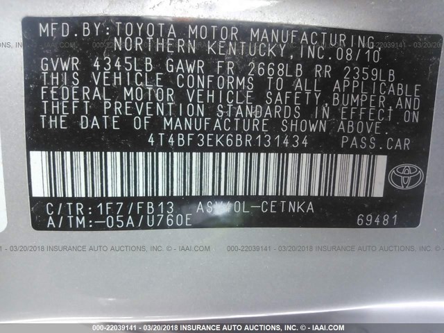 4T4BF3EK6BR131434 - 2011 TOYOTA CAMRY SE/LE/XLE SILVER photo 9