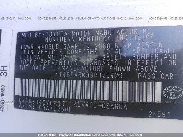 4T4BE46K39R125429 - 2009 TOYOTA CAMRY SE/LE/XLE Ақ фото 9