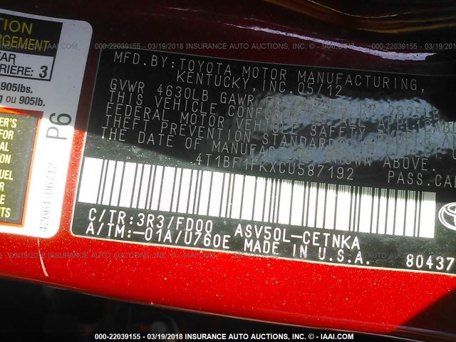 4T1BF1FKXCU587192 - 2012 TOYOTA CAMRY SE/LE/XLE RED photo 9