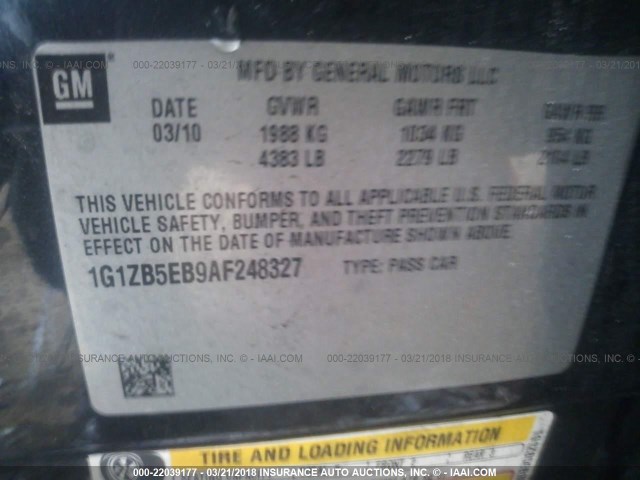 1G1ZB5EB9AF248327 - 2010 CHEVROLET MALIBU LS შავი ფოტო 9