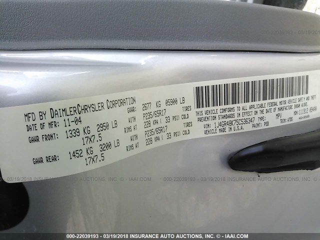 1J4GR48K75C536347 - 2005 JEEP GRAND CHEROKEE LAREDO/COLUMBIA/FREEDOM 银色 照片 9