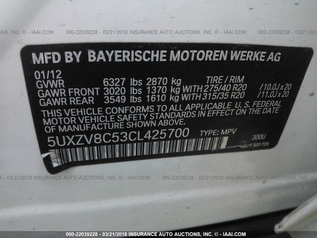 5UXZV8C53CL425700 - 2012 BMW X5 XDRIVE50I WHITE photo 9