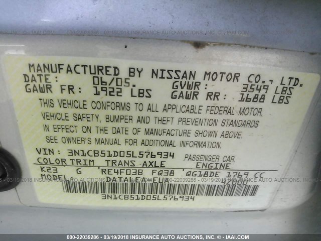 3N1CB51D05L576934 - 2005 NISSAN SENTRA 1.8/1.8S GRAY photo 9