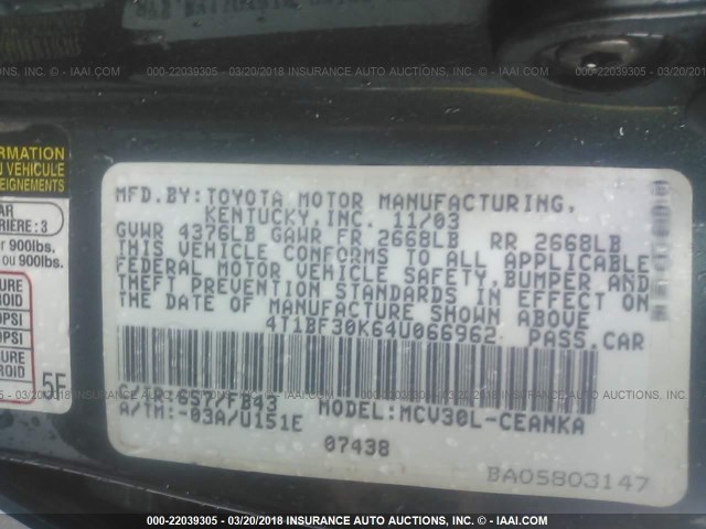 4T1BF30K64U066962 - 2004 TOYOTA CAMRY LE/XLE/SE GREEN photo 9