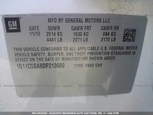 1G11C5SA8DF213689 - 2013 CHEVROLET MALIBU 1LT 白色 照片 9