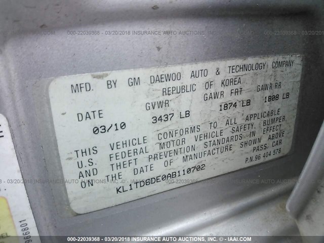 KL1TD6DE0AB110702 - 2010 CHEVROLET AVEO LS/LT 银色 照片 9