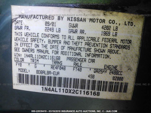 1N4AL11DX2C116168 - 2002 NISSAN ALTIMA S/SL GREEN photo 9