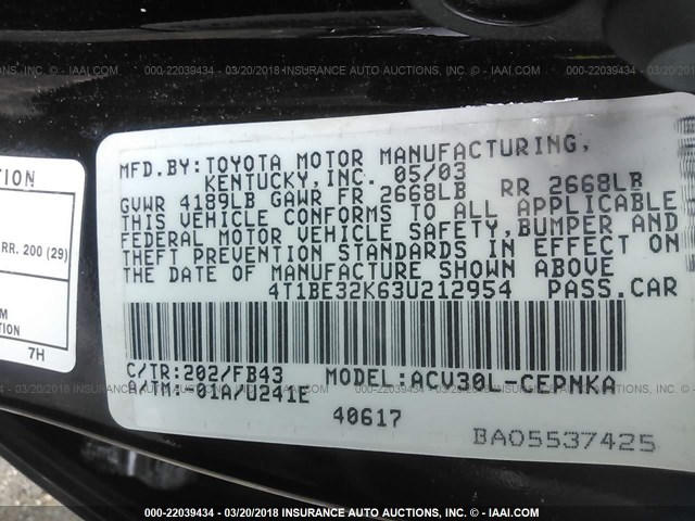 4T1BE32K63U212954 - 2003 TOYOTA CAMRY LE/XLE/SE BLACK photo 9