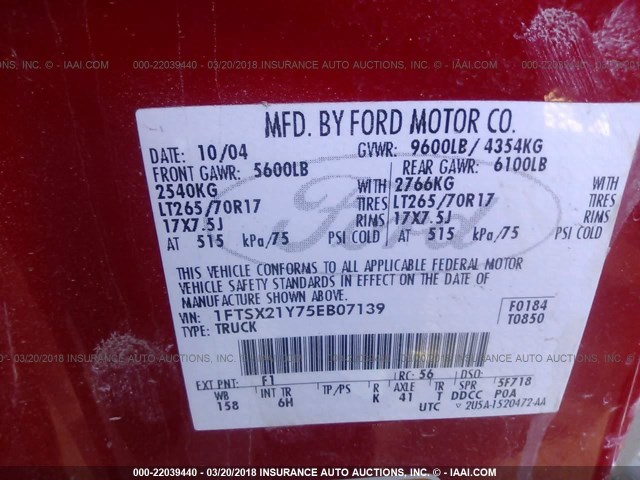 1FTSX21Y75EB07139 - 2005 FORD F250 SUPER DUTY RED photo 9