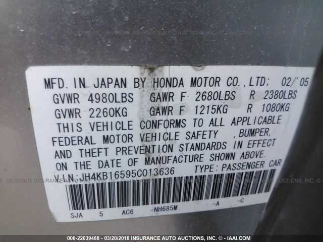 JH4KB16595C013636 - 2005 ACURA RL ვერცხლისფერი ფოტო 9
