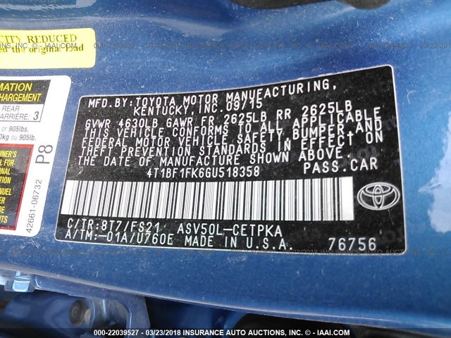 4T1BF1FK6GU518358 - 2016 TOYOTA CAMRY LE/XLE/SE/XSE ლურჯი ფოტო 9
