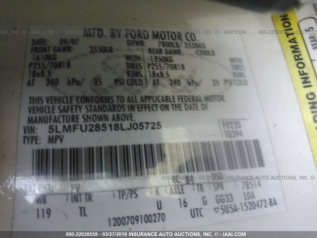 5LMFU28518LJ05725 - 2008 LINCOLN NAVIGATOR WHITE photo 9