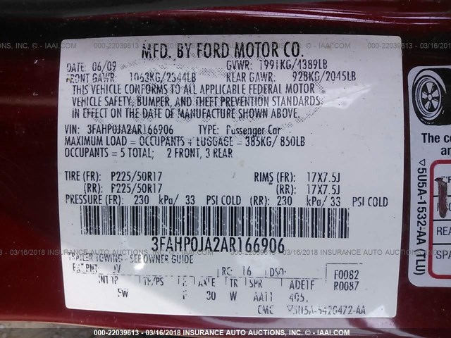 3FAHP0JA2AR166906 - 2010 FORD FUSION SEL RED photo 9