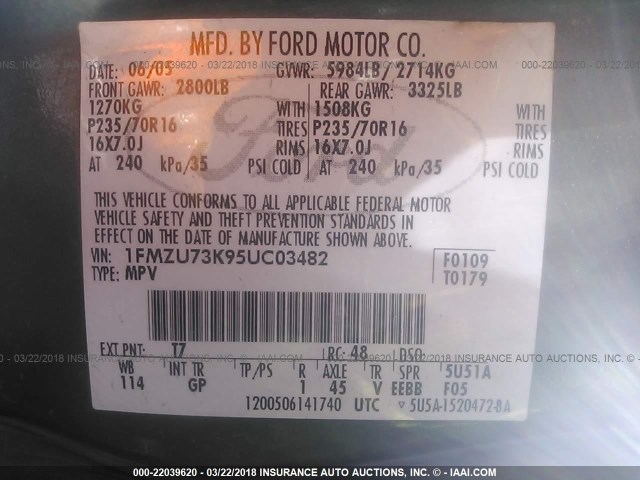 1FMZU73K95UC03482 - 2005 FORD EXPLORER XLT/XLT SPORT/NBX 棕色 照片 9