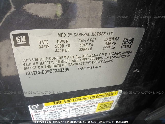 1G1ZC5E09CF343369 - 2012 CHEVROLET MALIBU 1LT BLACK photo 9