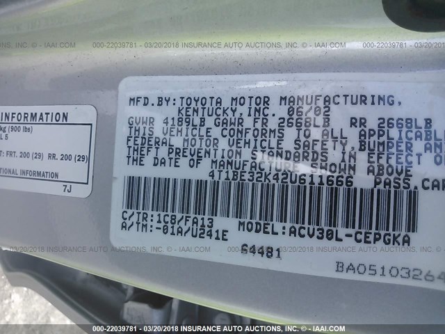 4T1BE32K42U611666 - 2002 TOYOTA CAMRY LE/XLE/SE SILVER photo 9