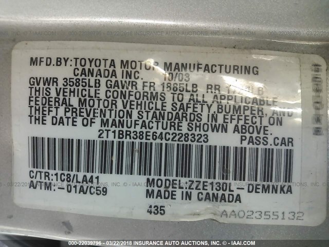 2T1BR38E64C228323 - 2004 TOYOTA COROLLA CE/LE/S SILVER photo 9