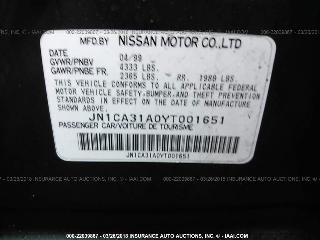 JN1CA31A0YT001651 - 2000 NISSAN MAXIMA GLE/GXE/SE GREEN photo 9