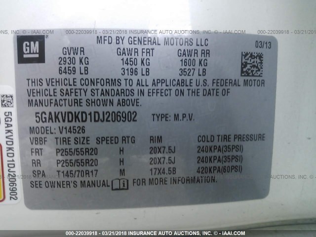 5GAKVDKD1DJ206902 - 2013 BUICK ENCLAVE WHITE photo 9