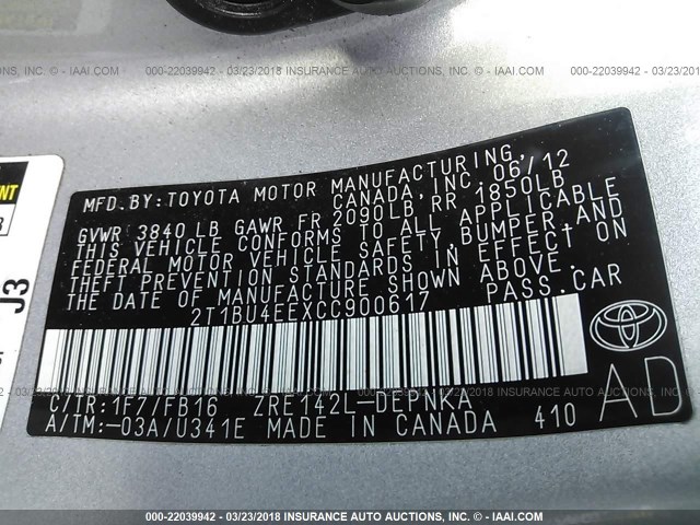 2T1BU4EEXCC900617 - 2012 TOYOTA COROLLA S/LE SILVER photo 9