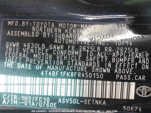 4T4BF1FK8FR450150 - 2015 TOYOTA CAMRY LE/XLE/SE/XSE Dark Blue photo 9