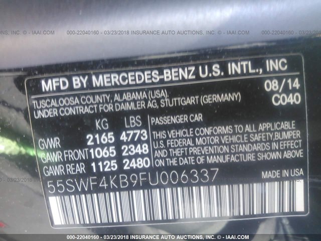 55SWF4KB9FU006337 - 2015 MERCEDES-BENZ C 300 4MATIC BLACK photo 9