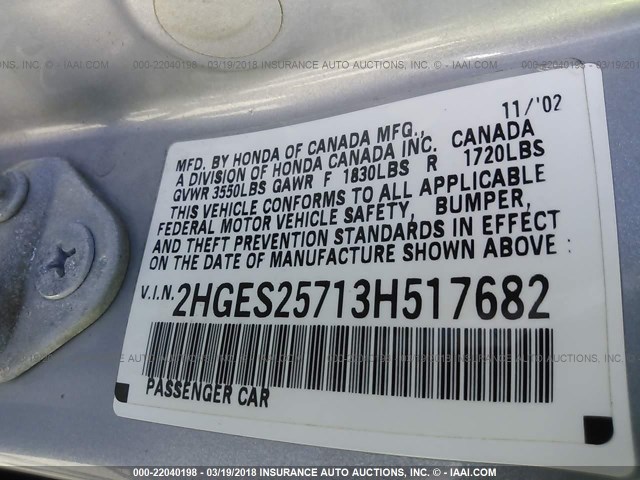 2HGES25713H517682 - 2003 HONDA CIVIC EX SILVER photo 9