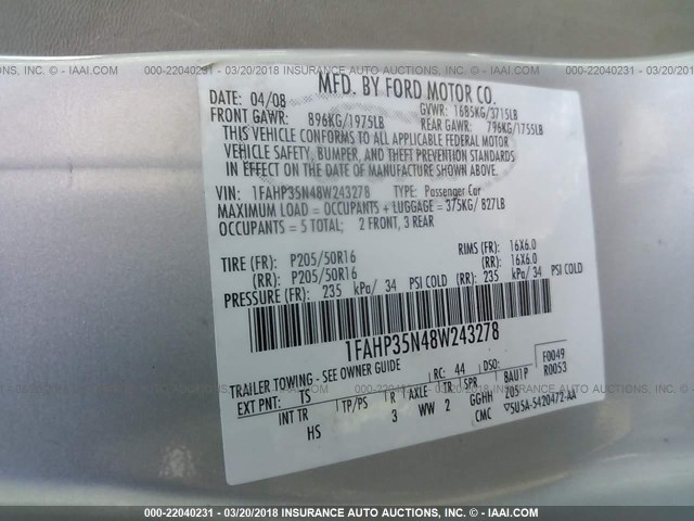 1FAHP35N48W243278 - 2008 FORD FOCUS SE/SEL/SES GRAY photo 9